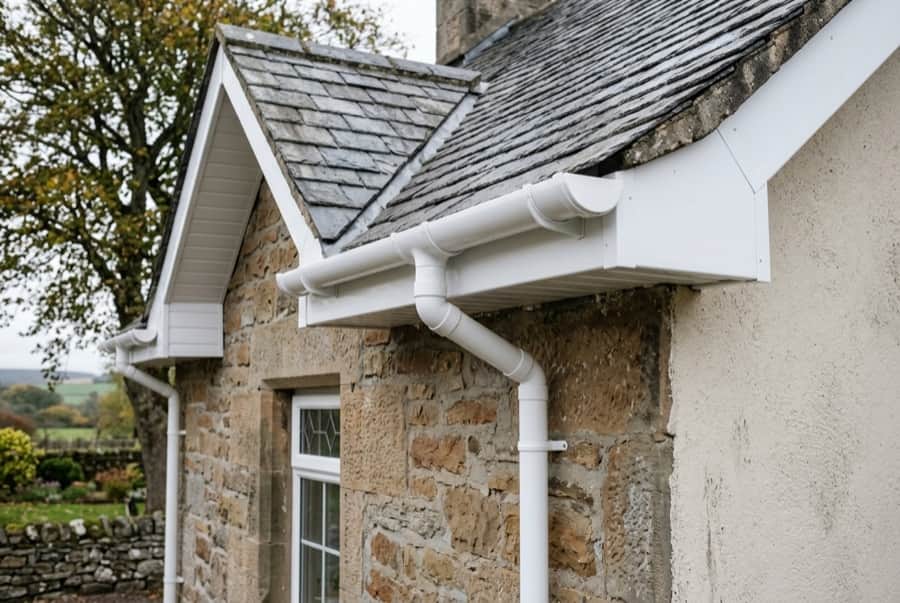 A house showing fascia boards, soffits and guttering along the roof edge