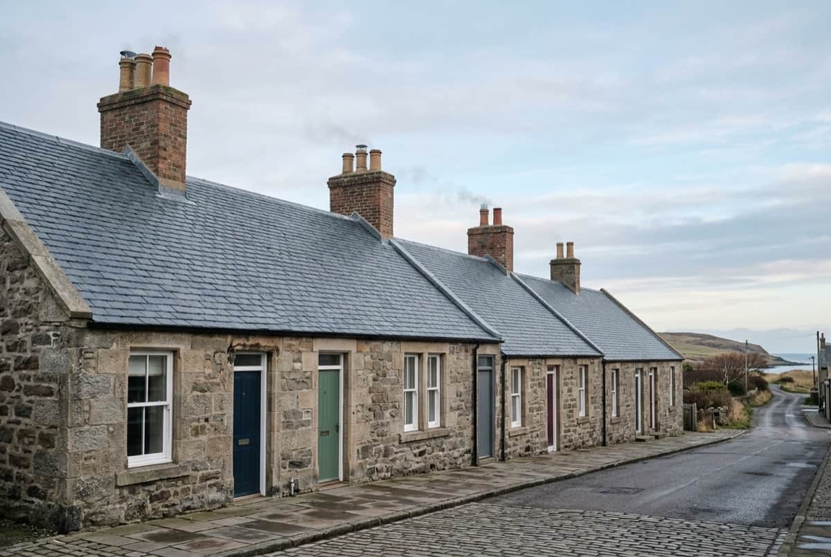 A terrace of houses with newly laid slate roofs and brick chimney stacks