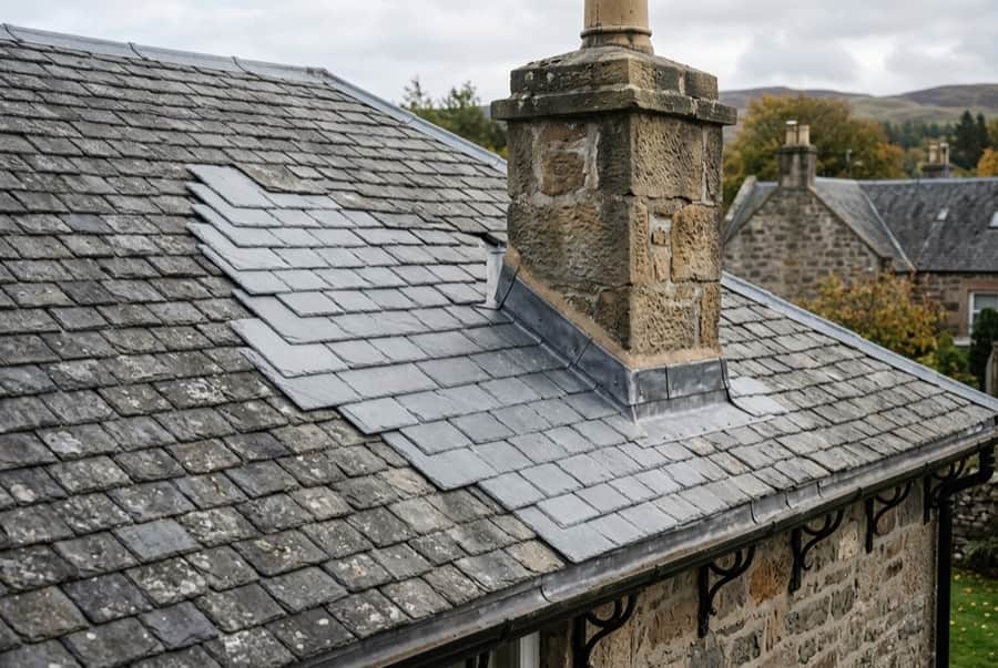 A slate roof with a brick chimney and lead flashing